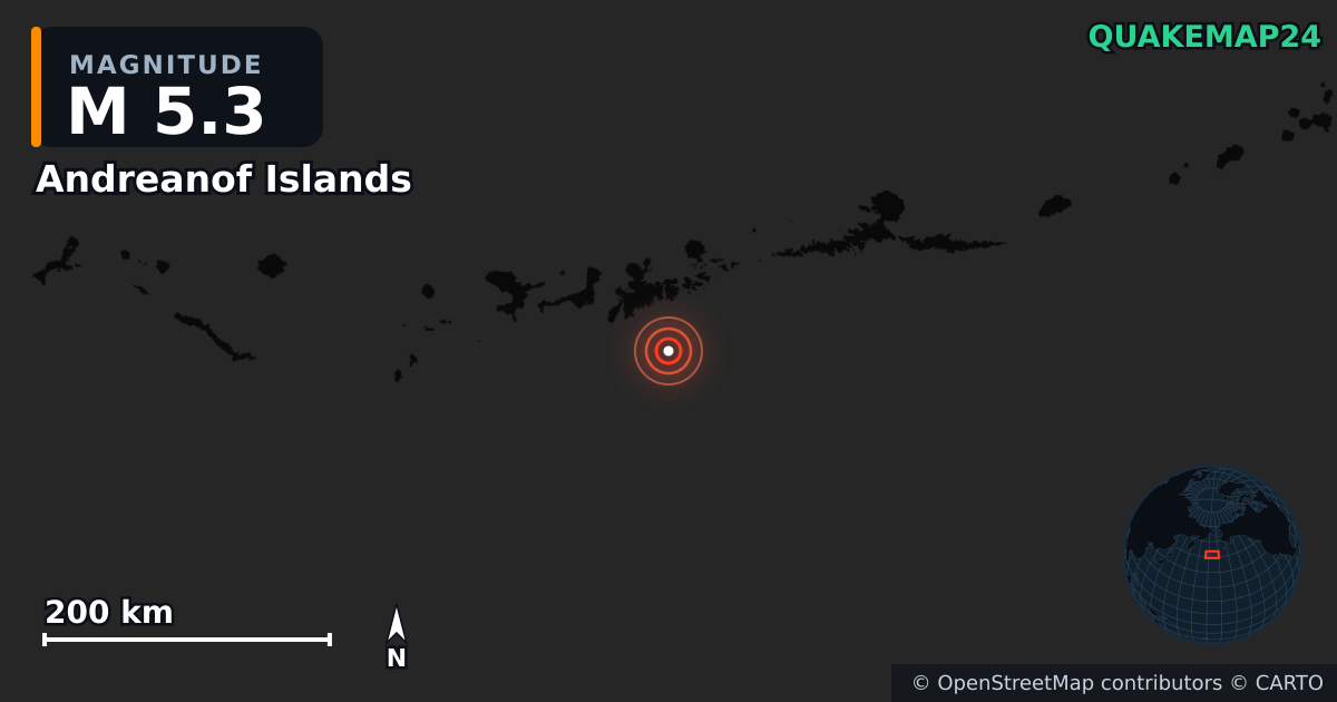 M5.3 earthquake near Andreanof Islands on Dec 15, 2025 — map of epicenter and shaking intensity | QuakeMap24