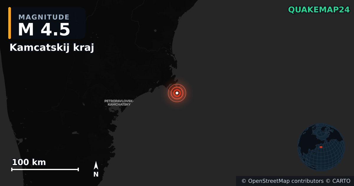M4.5 earthquake near Kamcatskij kraj on Dec 6, 2025 — map of epicenter and shaking intensity | QuakeMap24