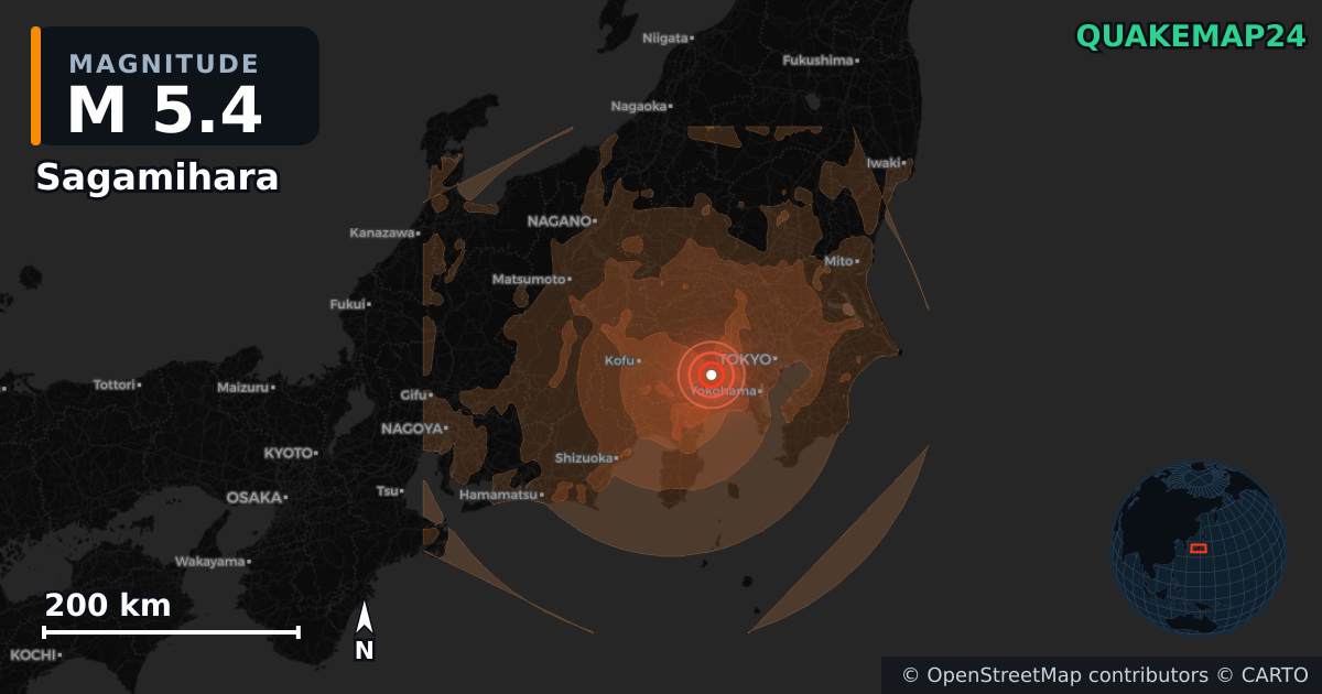 M5.4 earthquake near Sagamihara on Jun 26, 2026 — map of epicenter and shaking intensity | QuakeMap24