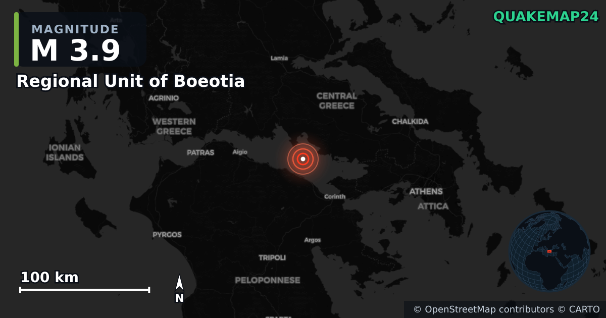 M3.9 earthquake near Regional Unit of Boeotia on Aug 9, 2026 — map of epicenter and shaking intensity | QuakeMap24