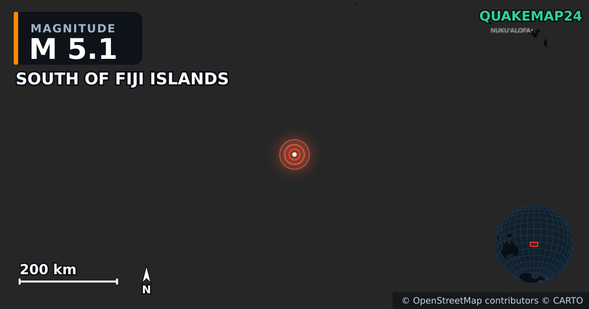 Sismo de M5,1 perto de SOUTH OF FIJI ISLANDS — Mapa da localização do epicentro