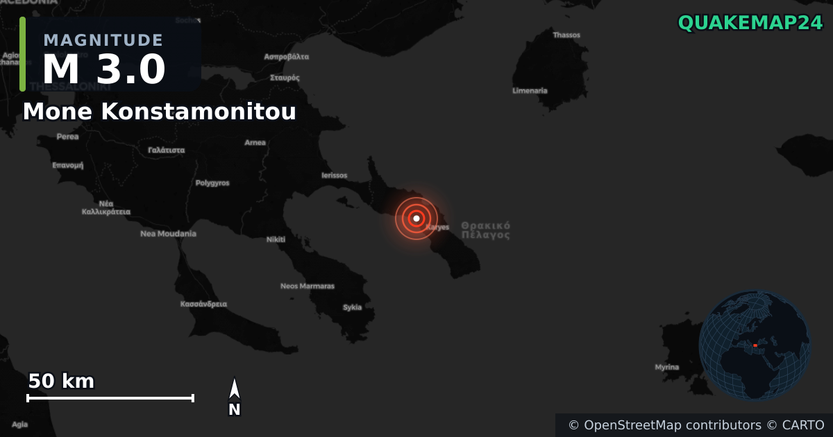 M3.0 earthquake near Mone Konstamonitou on Jan 23, 2026 — map of epicenter and shaking intensity | QuakeMap24