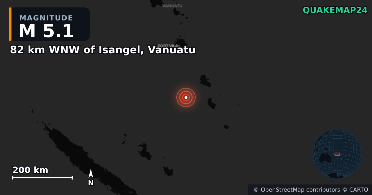 M5.1 earthquake near 82 km WNW of Isangel, Vanuatu on Sep 17, 2025 — map of epicenter and shaking intensity | QuakeMap24