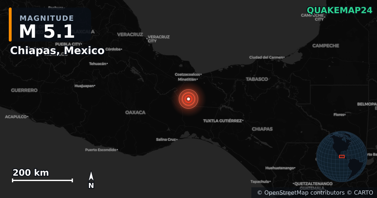 M5.1 earthquake near Chiapas, Mexico on Nov 2, 2025 — map of epicenter and shaking intensity | QuakeMap24