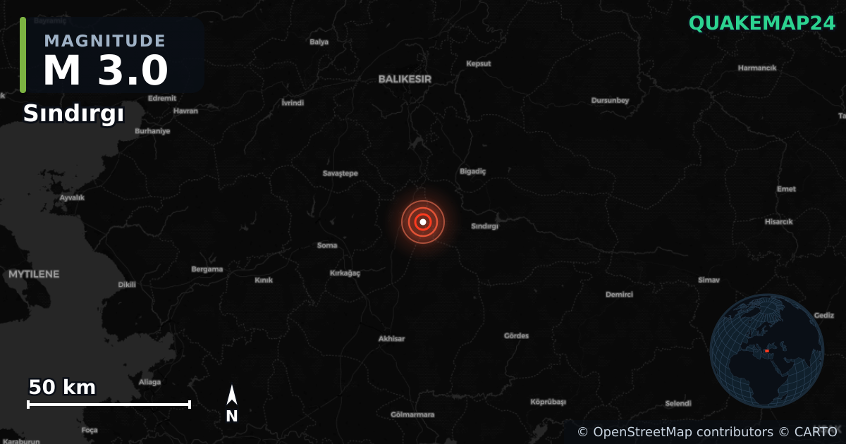 M3.0 earthquake near Sındırgı on Aug 17, 2025 — map of epicenter and shaking intensity | QuakeMap24