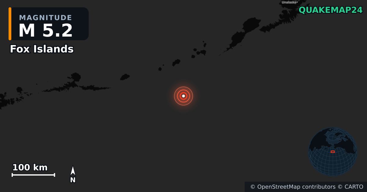 M5.2 earthquake near Fox Islands on May 23, 2026 — map of epicenter and shaking intensity | QuakeMap24