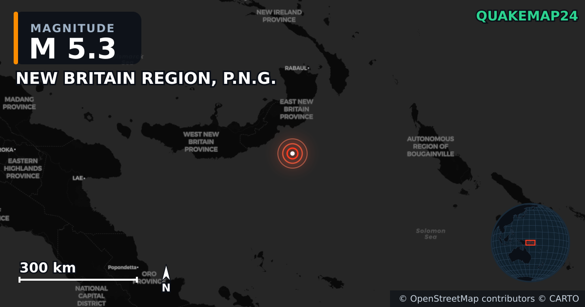M5.3 earthquake near NEW BRITAIN REGION, P.N.G. on Oct 27, 2025 — map of epicenter and shaking intensity | QuakeMap24