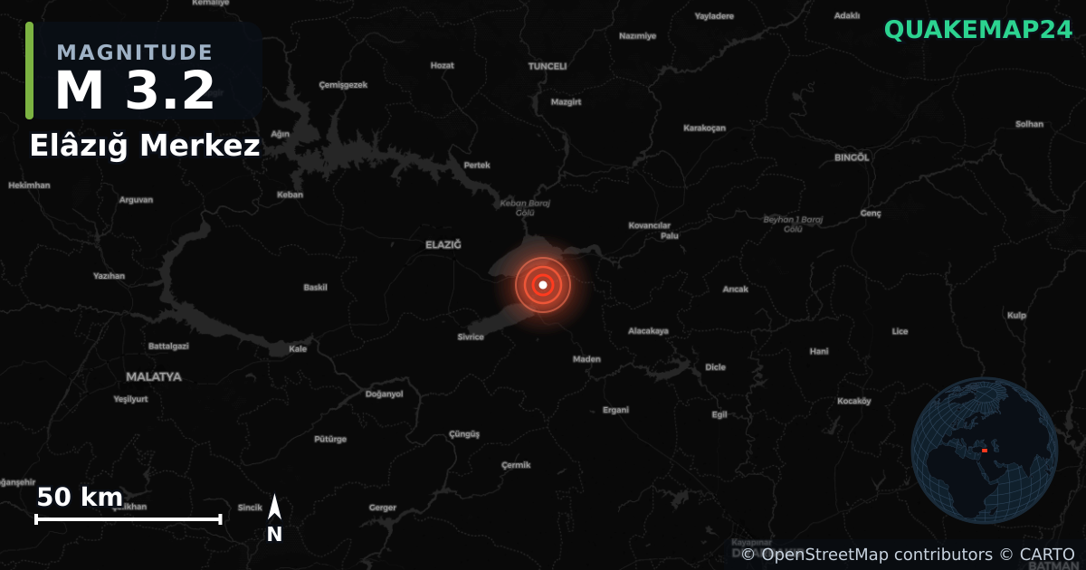 M3.2 earthquake near Elâzığ Merkez on Oct 6, 2025 — map of epicenter and shaking intensity | QuakeMap24