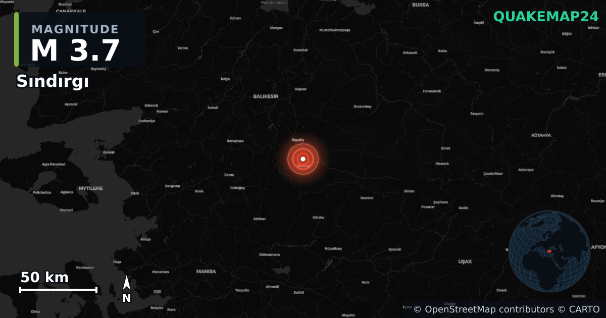 M3.7 earthquake near Sındırgı on Aug 23, 2025 — map of epicenter and shaking intensity | QuakeMap24
