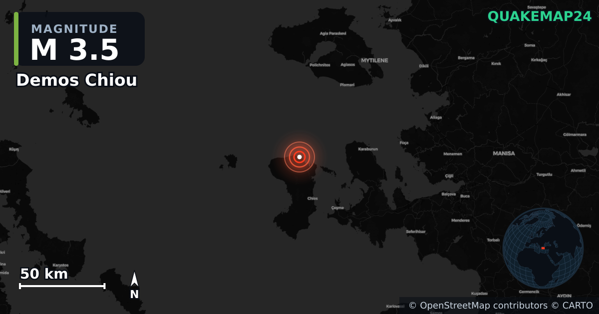M3.5 earthquake near Demos Chiou on Aug 23, 2025 — map of epicenter and shaking intensity | QuakeMap24
