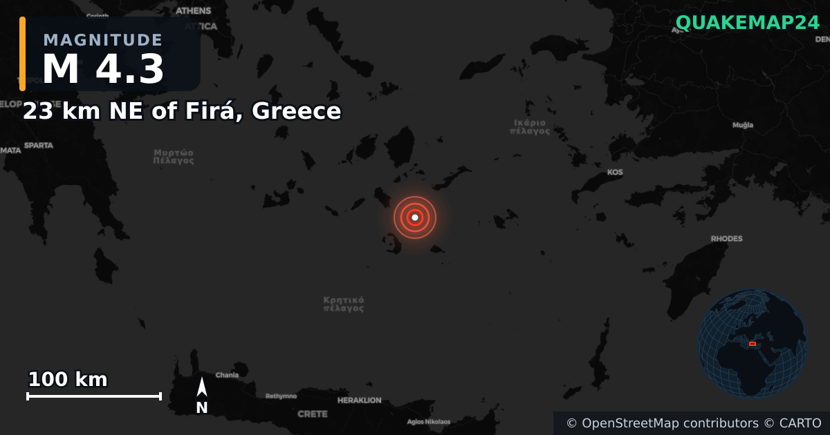 M4.3 earthquake near 23 km NE of Firá, Greece on Feb 9, 2025 — map of epicenter and shaking intensity | QuakeMap24
