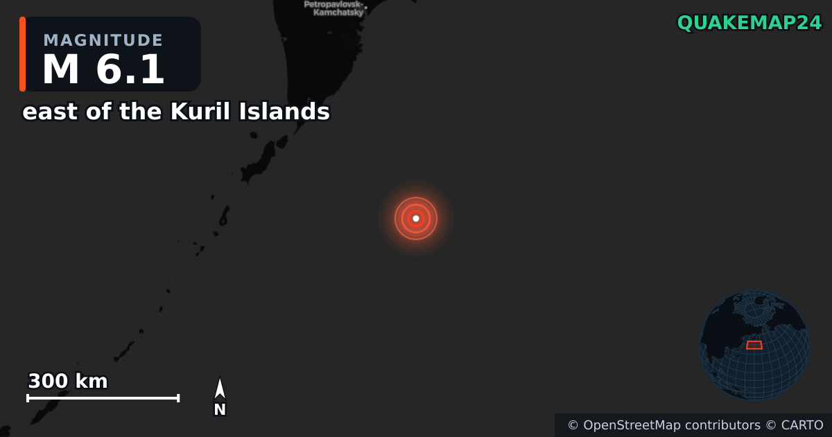 east of the Kuril Islands yakınında M6,1 deprem — Deprem merkez üssünün konumunu gösteren harita
