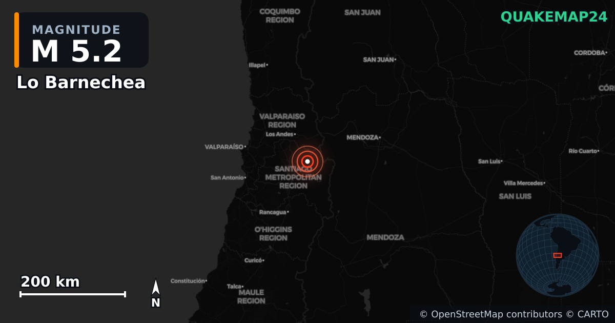 Sismo de M5,2 perto de Lo Barnechea, Santiago Metropolitan Region (Chile) · 2026-09-18 — Mapa da localização do epicentro