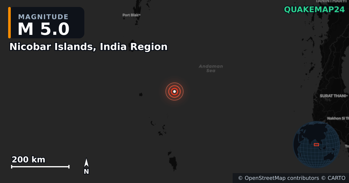 Nicobar Islands, India Region yakınında M5,0 deprem · 2025-06-24 — Deprem merkez üssünün konumunu gösteren harita