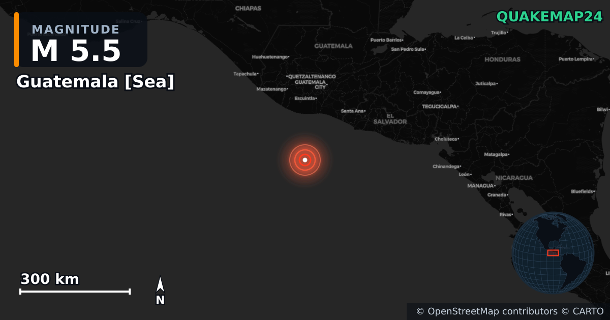Guatemala [Sea] yakınında M5,5 deprem — Deprem merkez üssünün konumunu gösteren harita