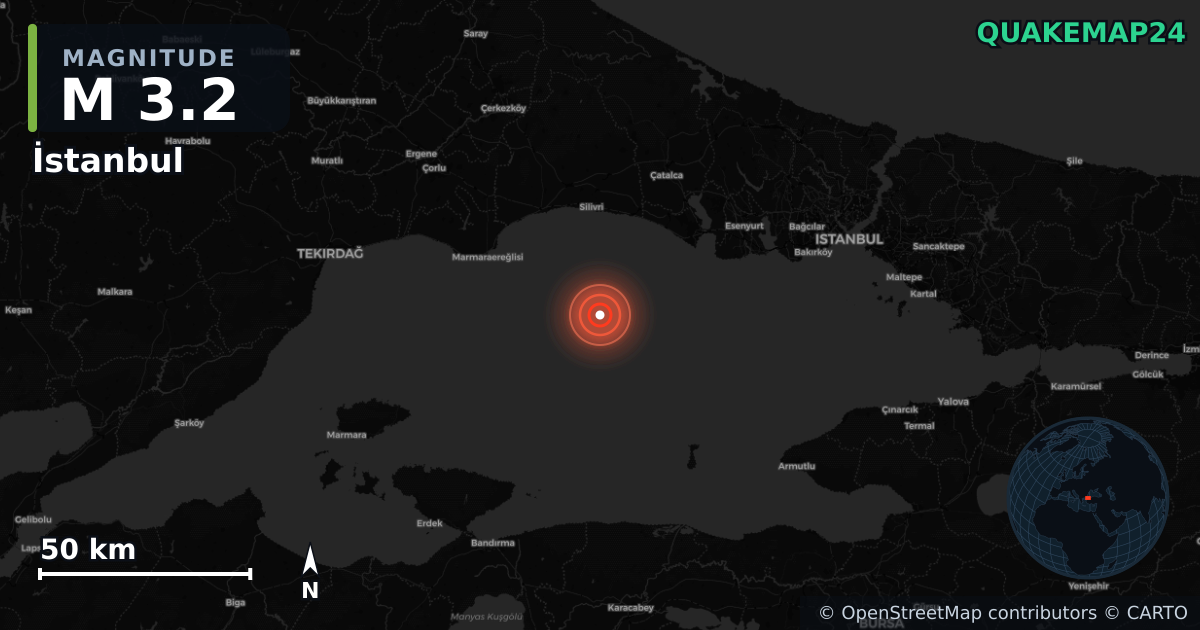 M3.2 earthquake near İstanbul on Aug 20, 2025 — map of epicenter and shaking intensity | QuakeMap24