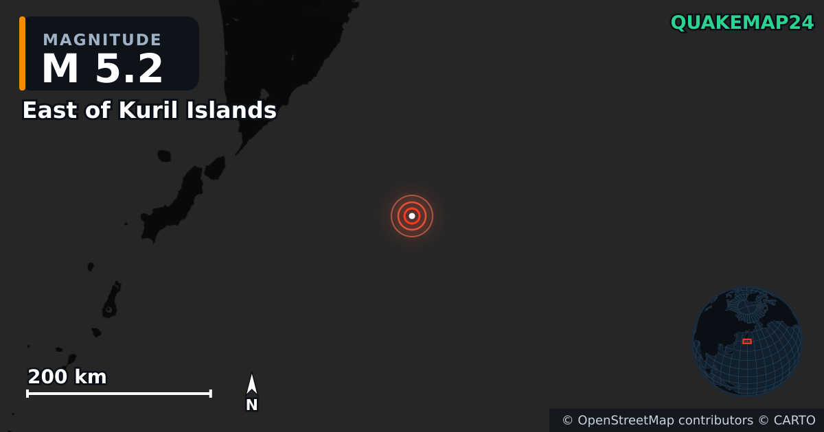 M5.2 earthquake near East of Kuril Islands on Aug 7, 2025 — map of epicenter and shaking intensity | QuakeMap24