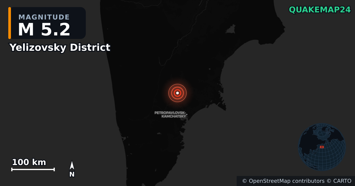 M5.2 earthquake near Yelizovsky District on Jul 30, 2026 — map of epicenter and shaking intensity | QuakeMap24