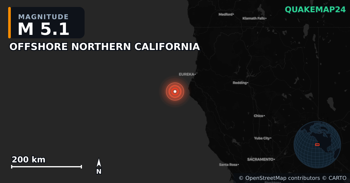 M5.1 earthquake near OFFSHORE NORTHERN CALIFORNIA on Jun 3, 2026 — map of epicenter and shaking intensity | QuakeMap24