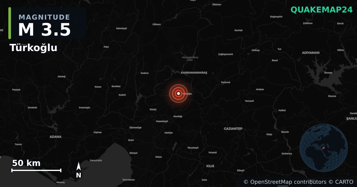 Sismo de M3,5 perto de Türkoğlu, Kahramanmaraş (Turquia) · 2026-05-19 — Mapa da localização do epicentro