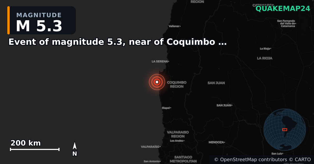M5.3 earthquake near Event of magnitude 5.3, near of Coquimbo (Monde) on Oct 2, 2025 — map of epicenter and shaking intensity | QuakeMap24