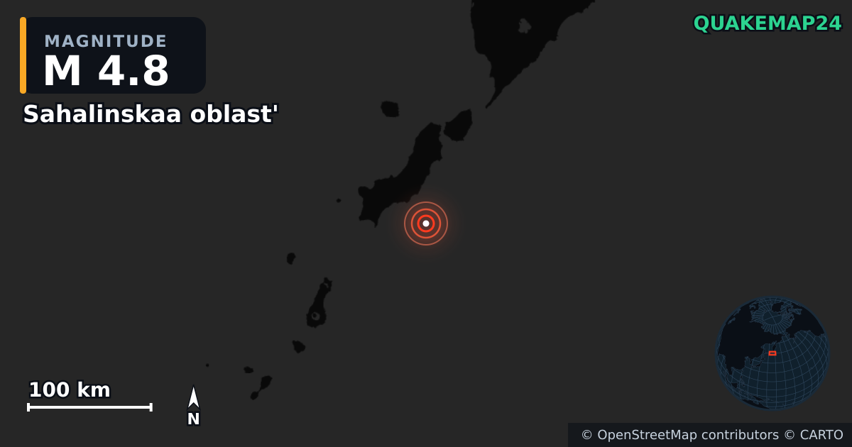 M4.8 earthquake near Sahalinskaa oblast' on Sep 7, 2025 — map of epicenter and shaking intensity | QuakeMap24