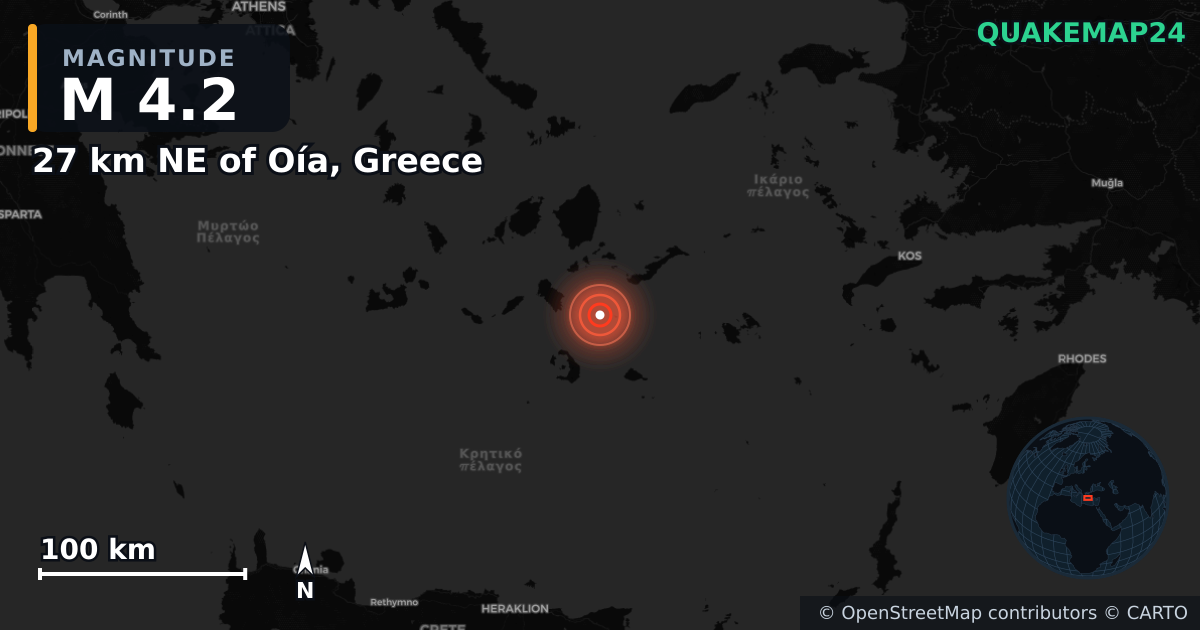 M4.2 earthquake near 27 km NE of Oía, Greece on Feb 10, 2025 — map of epicenter and shaking intensity | QuakeMap24
