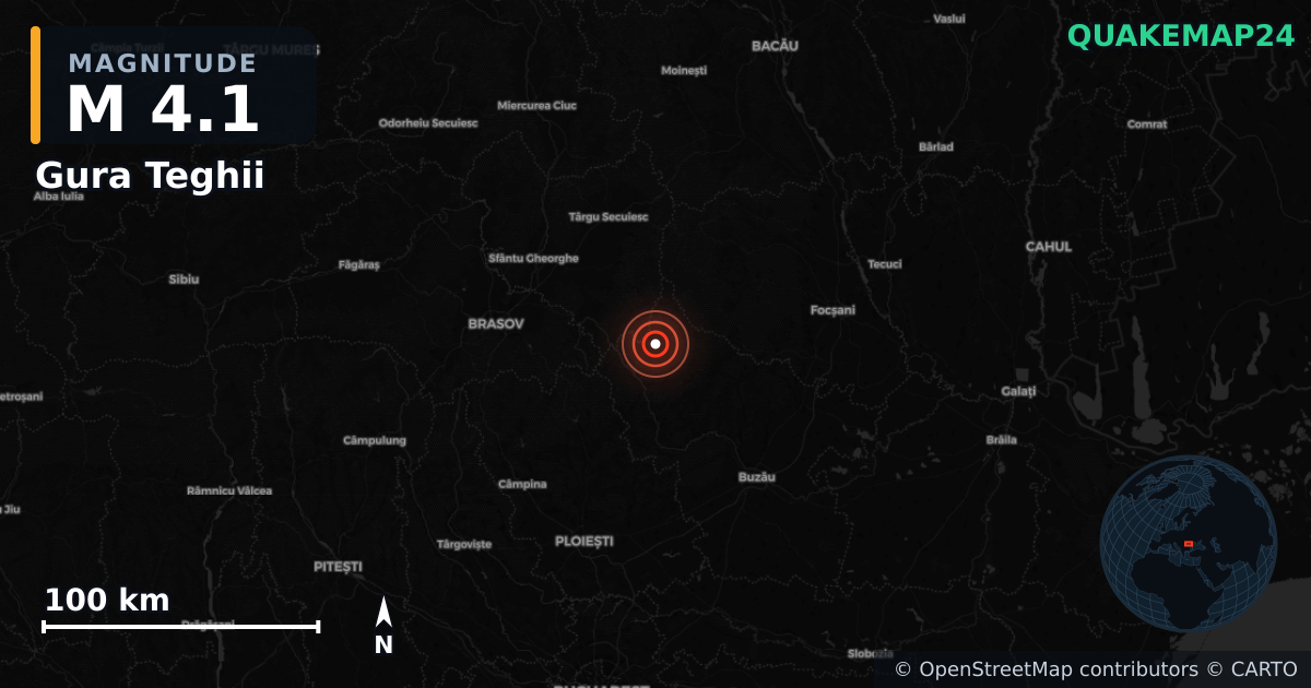 M4.1 Earthquake near Gura Teghii (Romania) · 2026-09-06 — Map showing the location of the epicenter