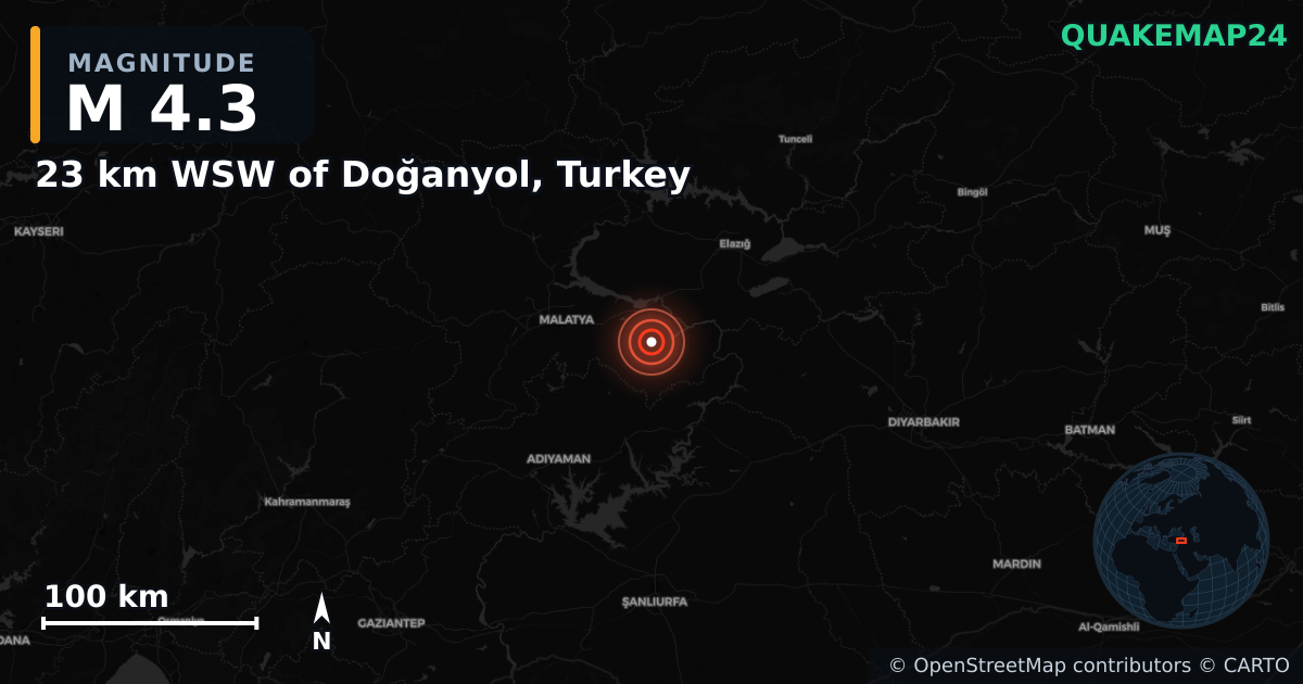 M4.3 earthquake near 23 km WSW of Doğanyol, Turkey on Feb 17, 2025 — map of epicenter and shaking intensity | QuakeMap24