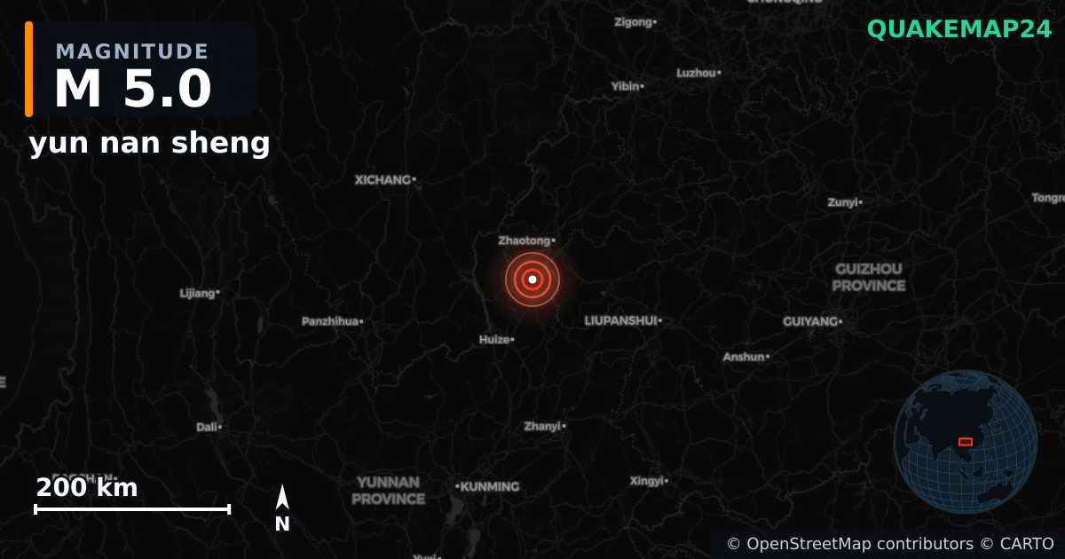 M5.0 earthquake near yun nan sheng on Oct 11, 2025 — map of epicenter and shaking intensity | QuakeMap24