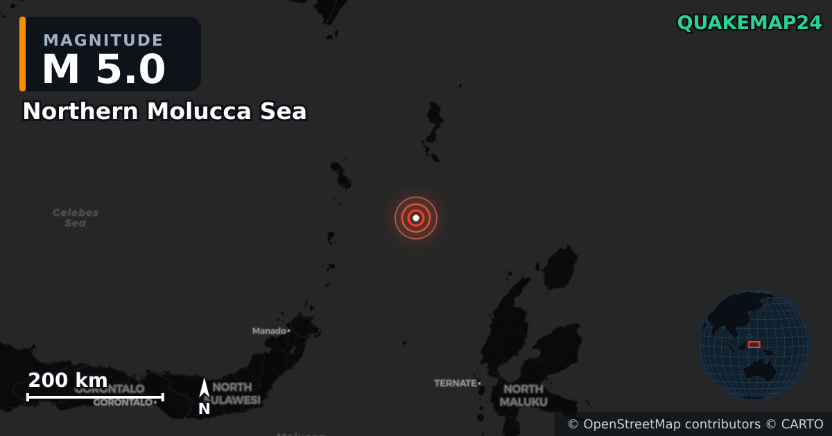 Sismo de M5,0 perto de Northern Molucca Sea — Mapa da localização do epicentro