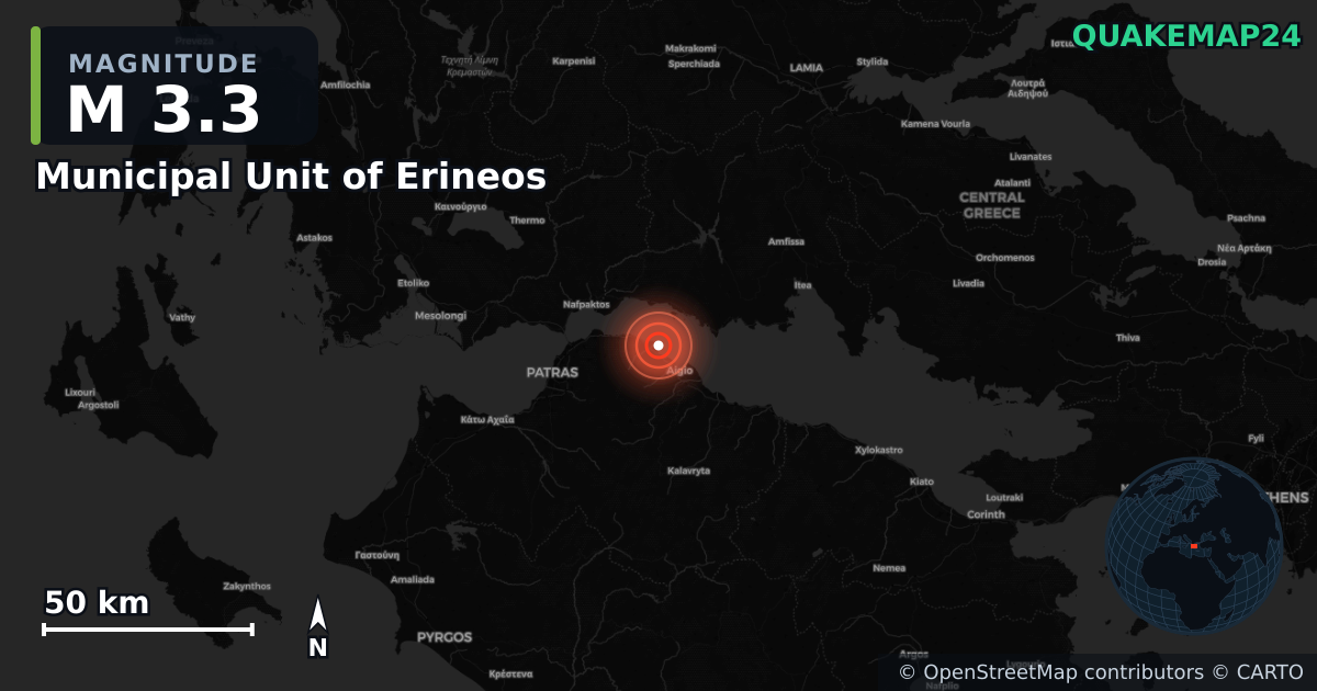 M3.3 earthquake near Municipal Unit of Erineos on Aug 5, 2026 — map of epicenter and shaking intensity | QuakeMap24