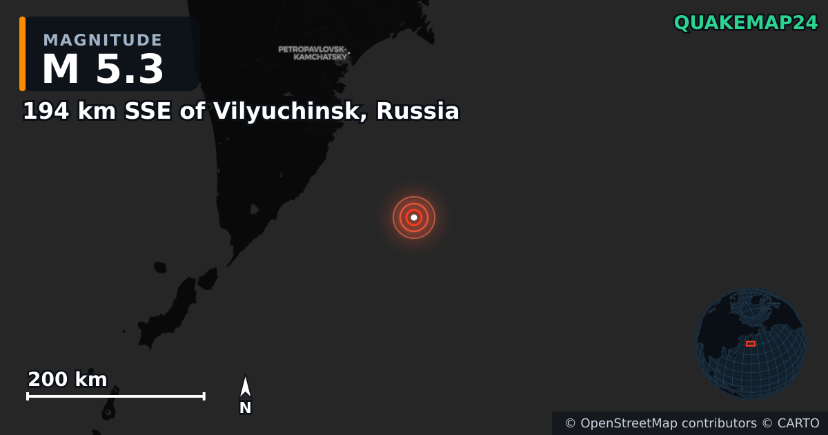 M5.3 earthquake near 194 km SSE of Vilyuchinsk, Russia on Jul 30, 2025 — map of epicenter and shaking intensity | QuakeMap24
