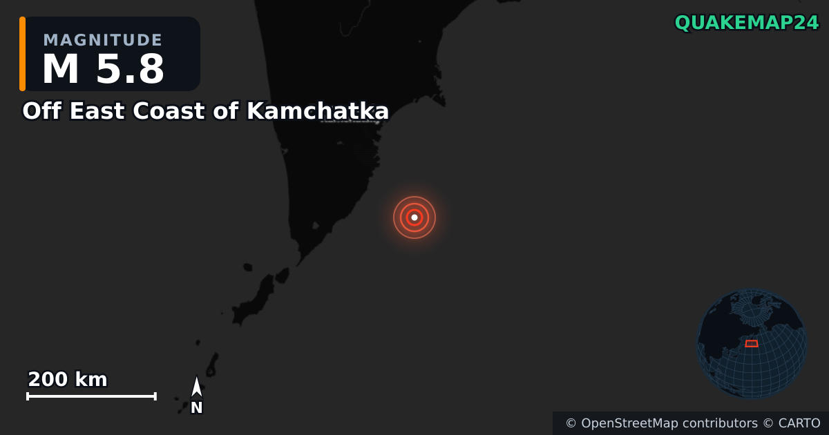 M5.8 earthquake near Off East Coast of Kamchatka on Aug 6, 2025 — map of epicenter and shaking intensity | QuakeMap24