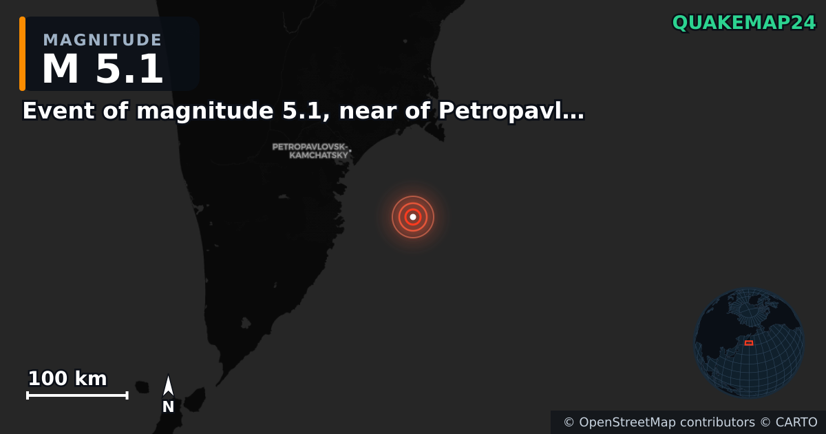M5.1 earthquake near Event of magnitude 5.1, near of Petropavlovsk Kamchatskiy (Monde) on Dec 7, 2025 — map of epicenter and shaking intensity | QuakeMap24