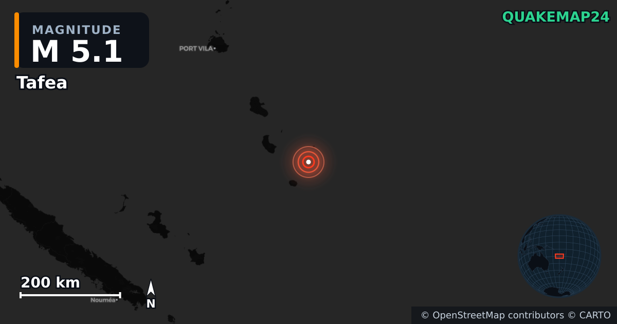 M5.1 Earthquake near Tafea (Vanuatu) · 2026-09-08 — Map showing the location of the epicenter