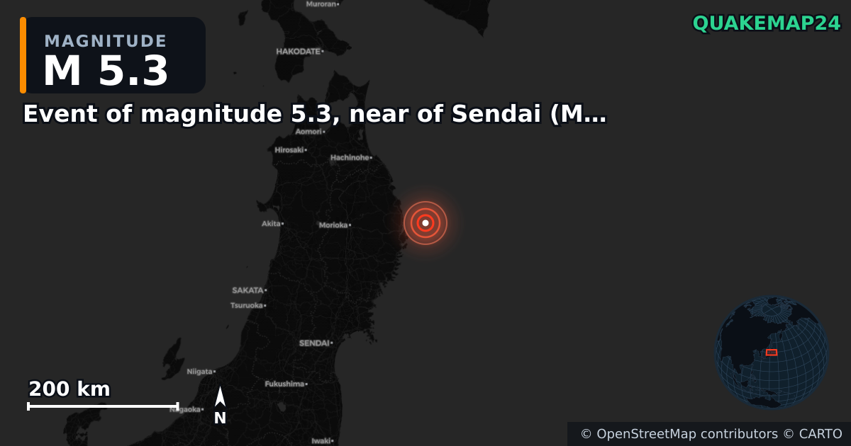 M5.3 earthquake near Event of magnitude 5.3, near of Sendai (Monde) on Nov 9, 2025 — map of epicenter and shaking intensity | QuakeMap24