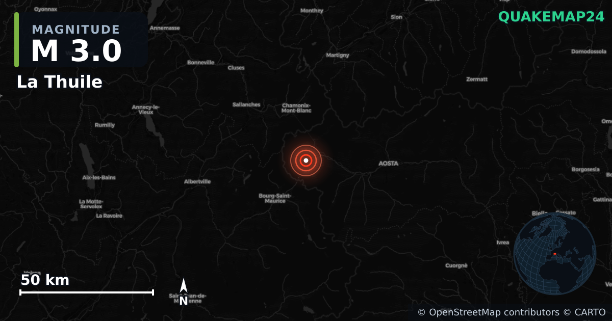M3.0 earthquake near La Thuile on Jan 12, 2026 — map of epicenter and shaking intensity | QuakeMap24