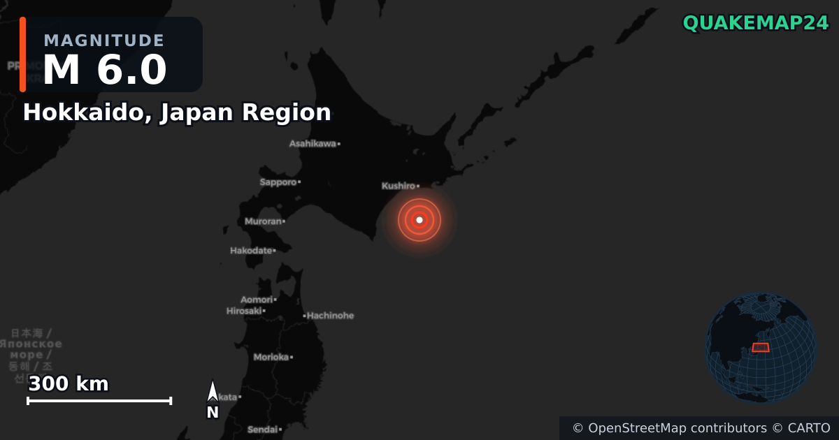 M6.0 earthquake near Hokkaido, Japan Region on May 31, 2025 — map of epicenter and shaking intensity | QuakeMap24