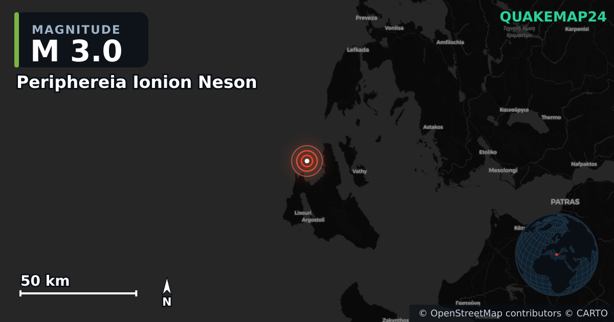 M3.0 earthquake near Periphereia Ionion Neson on Dec 17, 2025 — map of epicenter and shaking intensity | QuakeMap24