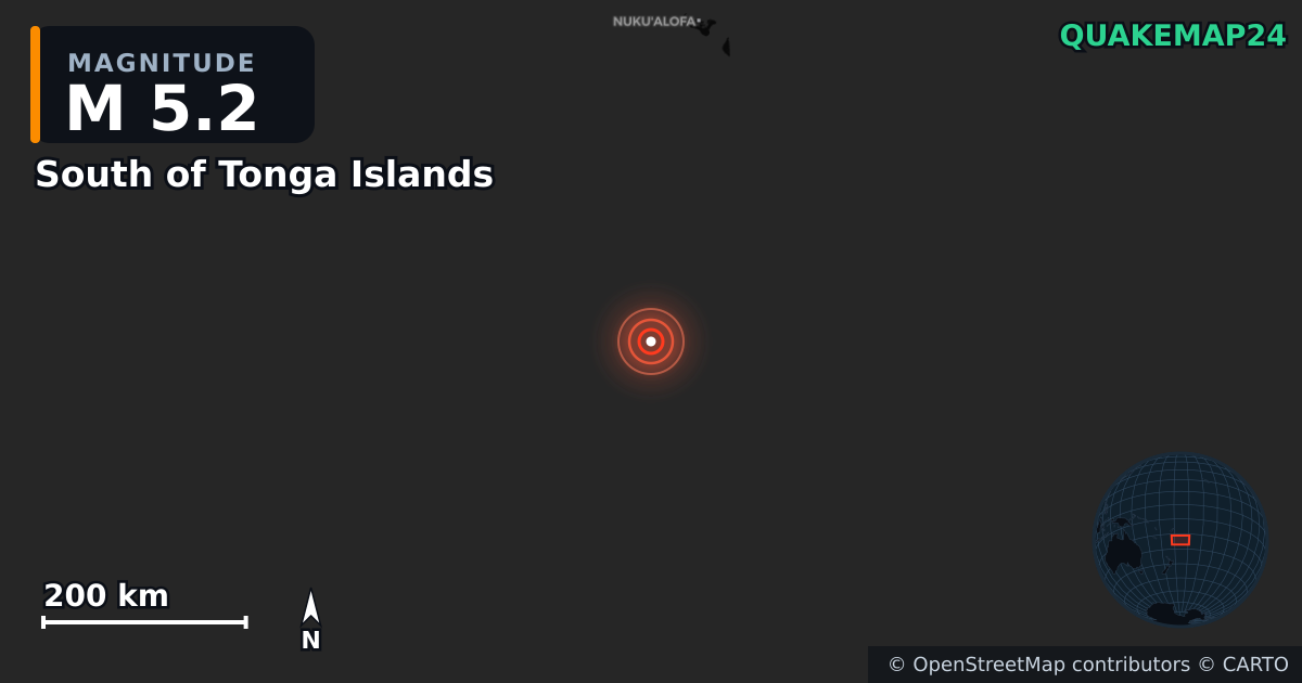 M5.2 earthquake near South of Tonga Islands on Jul 17, 2025 — map of epicenter and shaking intensity | QuakeMap24