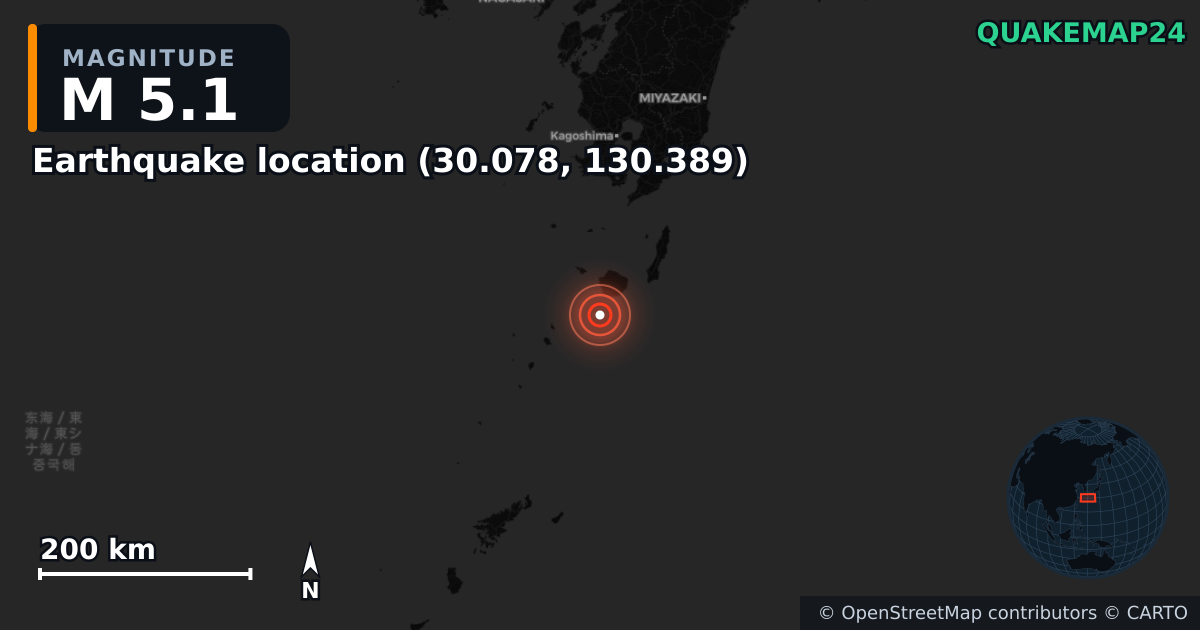 M5.1 earthquake near Lieu du séisme (30.078, 130.389) on Jun 29, 2025 — map of epicenter and shaking intensity | QuakeMap24