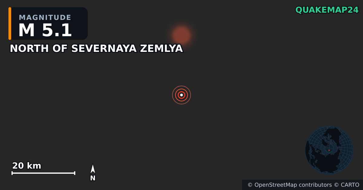 NORTH OF SEVERNAYA ZEMLYA yakınında M5,1 deprem — Deprem merkez üssünün konumunu gösteren harita
