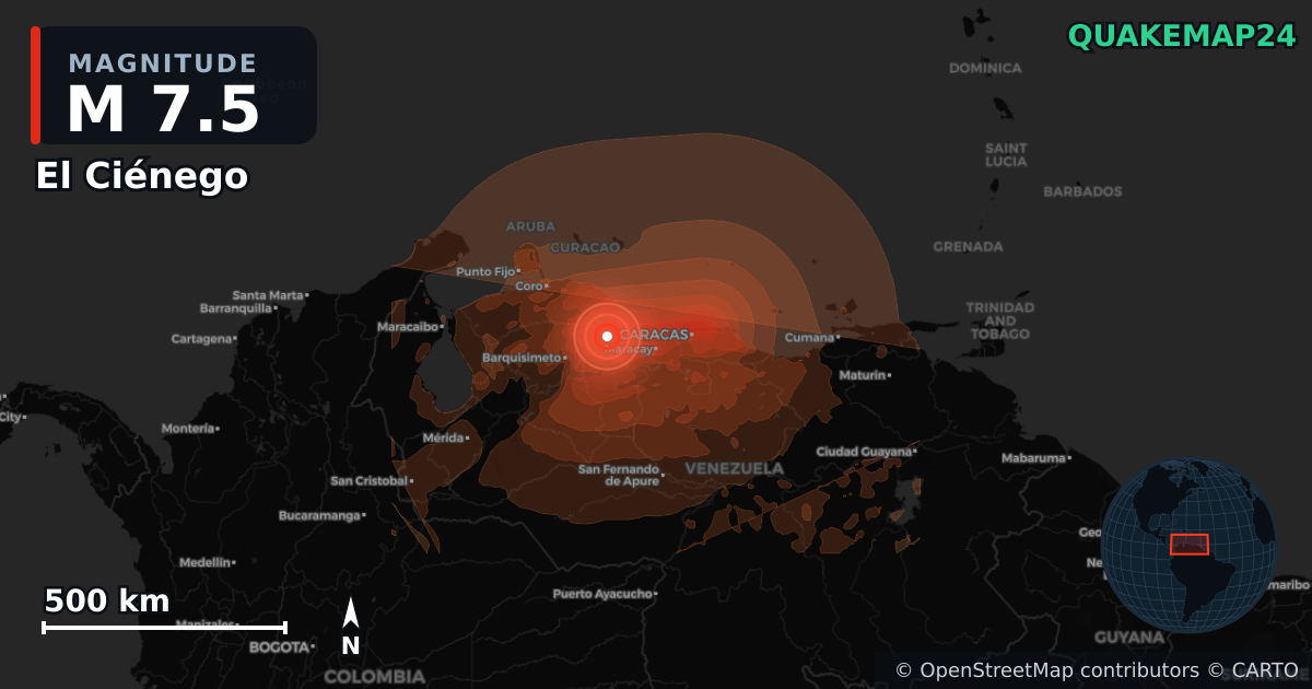 M7.5 earthquake near El Ciénego on Jun 24, 2026 — map of epicenter and shaking intensity | QuakeMap24