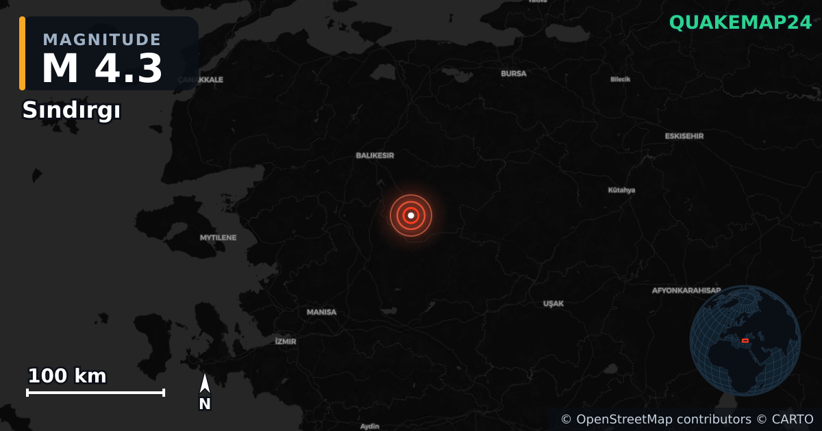M4.3 earthquake near Sındırgı on Aug 22, 2025 — map of epicenter and shaking intensity | QuakeMap24