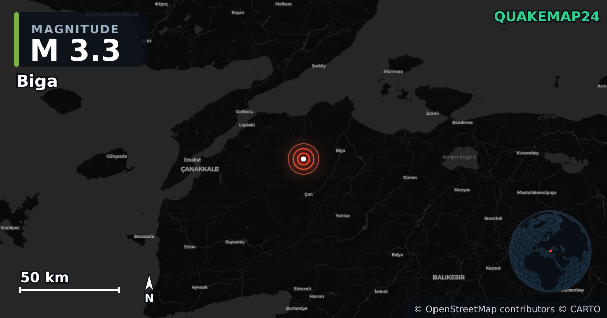 Biga (Türkiye) yakınında M3,3 deprem · 2025-12-18 — Deprem merkez üssünün konumunu gösteren harita