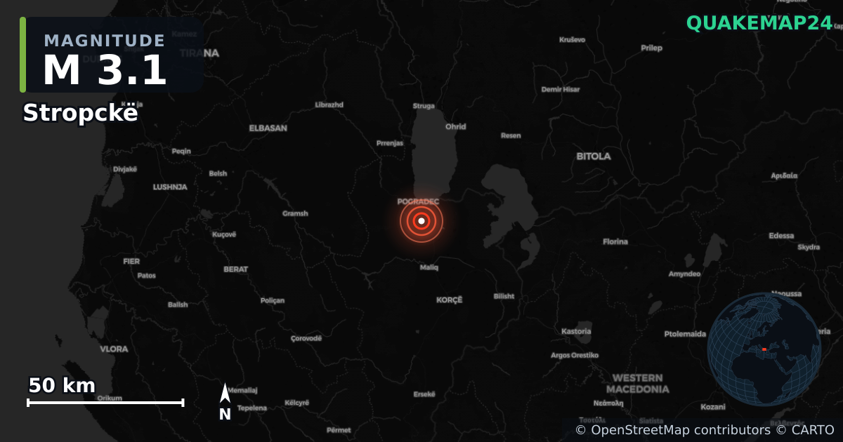 M3.1 earthquake near Stropckë on Jan 7, 2026 — map of epicenter and shaking intensity | QuakeMap24