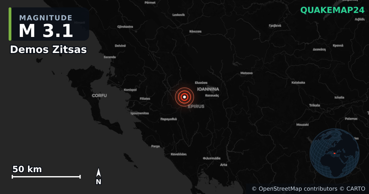 M3.1 earthquake near Demos Zitsas on Mar 9, 2026 — map of epicenter and shaking intensity | QuakeMap24