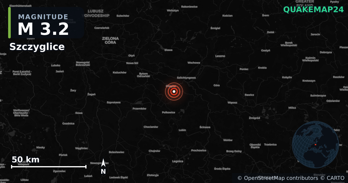 M3.2 earthquake near Szczyglice on Jul 2, 2026 — map of epicenter and shaking intensity | QuakeMap24
