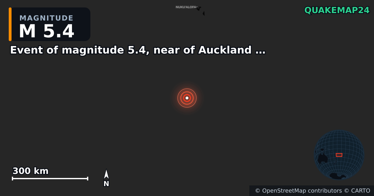 M5.4 earthquake near Event of magnitude 5.4, near of Auckland (Monde) on Aug 16, 2025 — map of epicenter and shaking intensity | QuakeMap24
